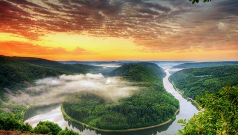 Германия, река, изгиб, лес, туман, зелень, петля
