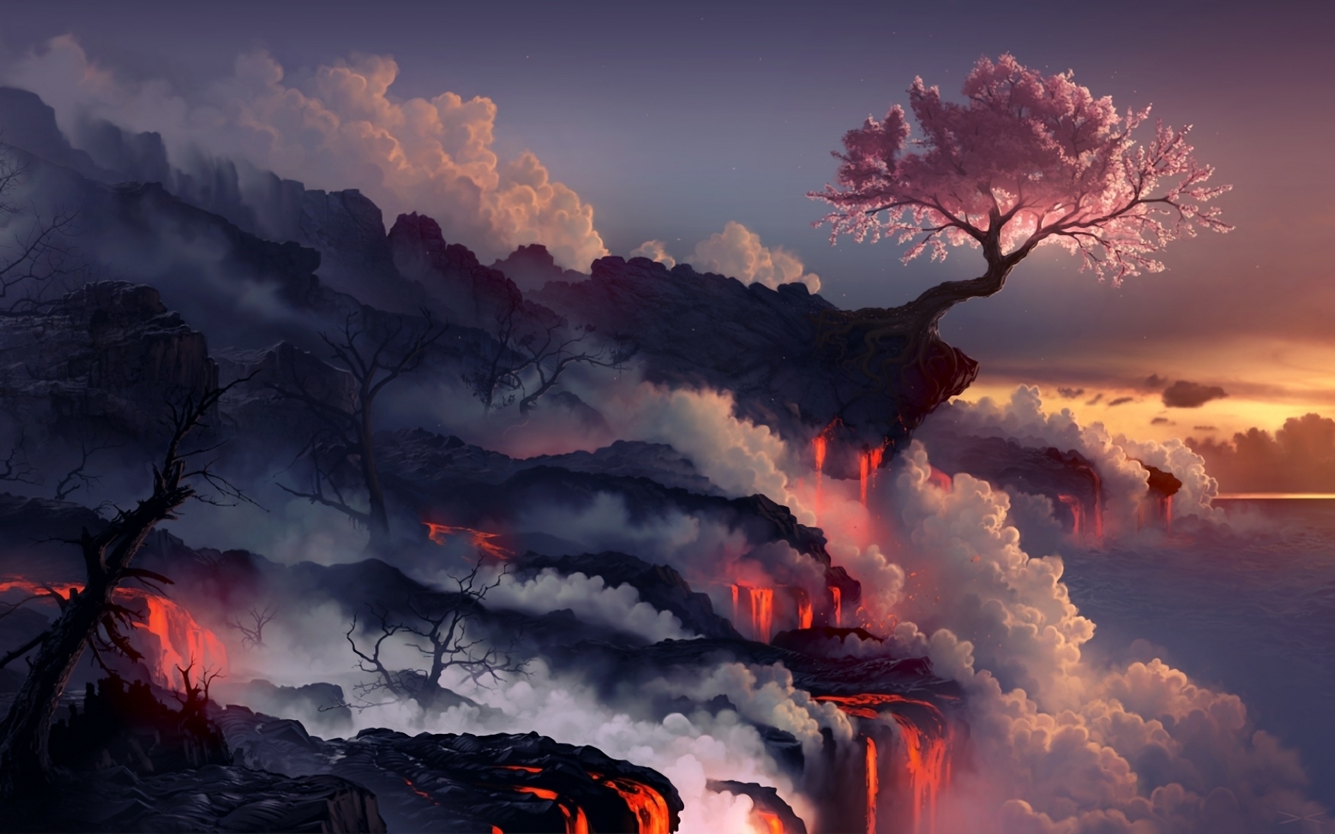 Картинки Извержение, лава, вулкан, восточная вишня, дерево фото и обои на рабочий стол