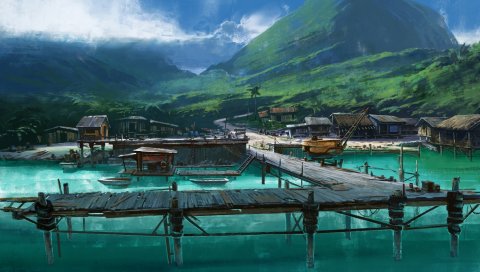 Пирс, причал, хижины, залив, искусство