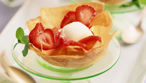 Десерт, мороженое, шарик, клубника, порция, кладка, мята