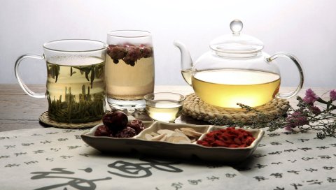 Чайник, очки, прозрачный, стекло, чайные листья, травы, ассорти