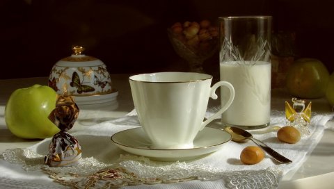 Чашка, чайник, конфеты, чаепитие