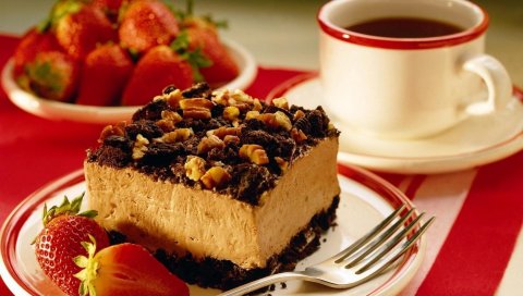 Пирог, сладкий, десерт, клубника, чаепитие