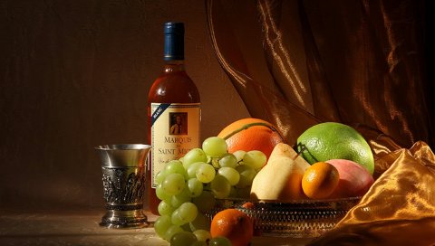 Вино, бутылка, фрукты, натюрморт