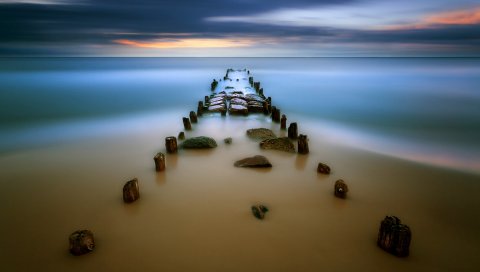 Камни, дорога, колонны, побережье, море