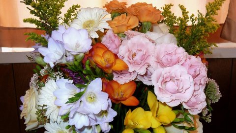 Розы, фрезия, гербера, цветы, букет, украшение