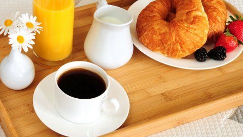 Кофе, ромашки, сок, партия, завтрак в постели