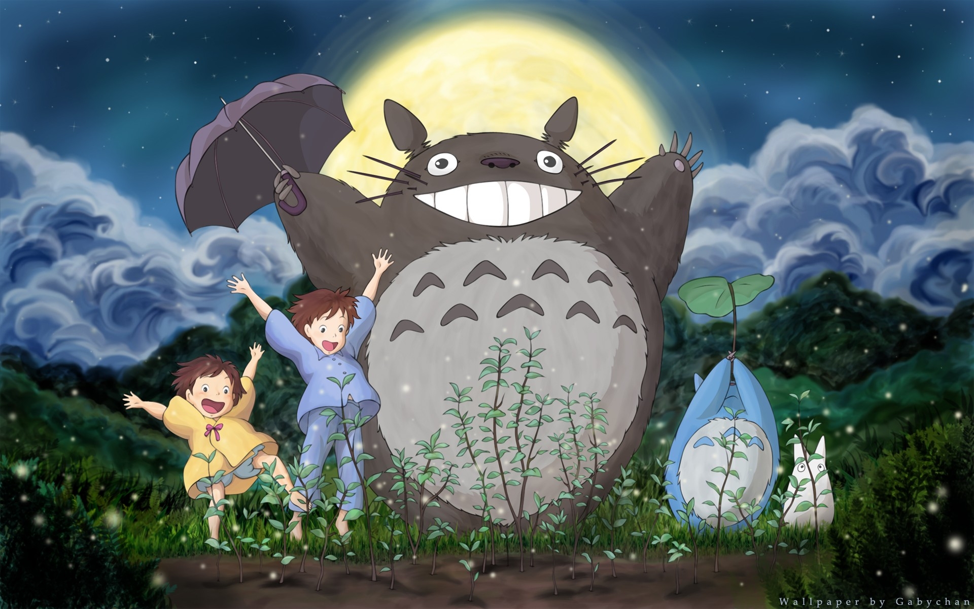 Картинки Tonari no totoro, лес, небо, луна, трава, облака фото и обои на рабочий стол