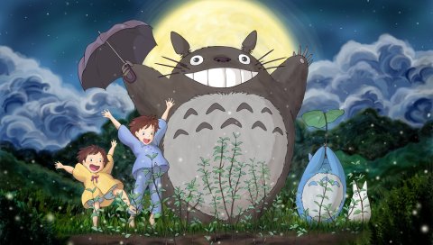 Tonari no totoro, лес, небо, луна, трава, облака