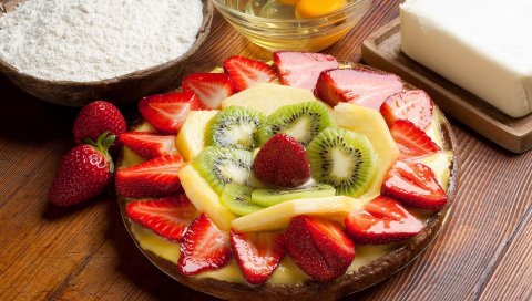 Клубника, киви, пирог, вырезка, фрукты, мука, компоненты