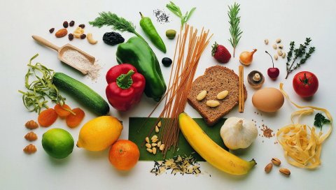 Овощи, фрукты, рис, приправы, ассорти, макароны