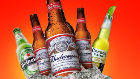 Budweiser, heineken, дополнительная корона, капли, лед, пиво, бутылки