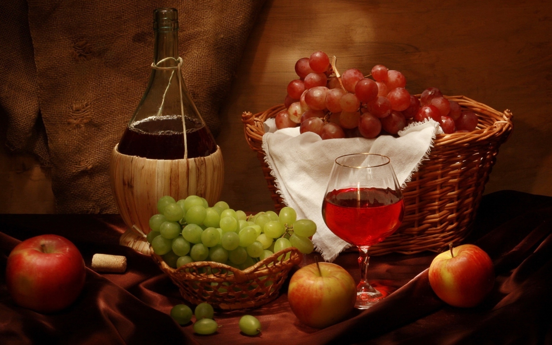 Картинки Вино, виноград, яблоки, корзина, бутылка, натюрморт фото и обои на рабочий стол