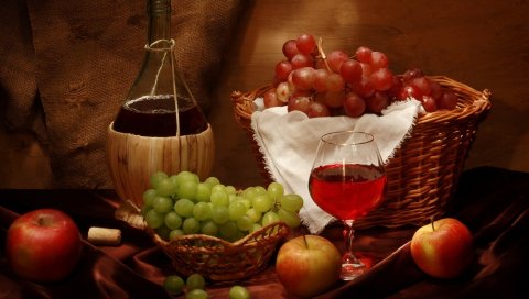 Вино, виноград, яблоки, корзина, бутылка, натюрморт