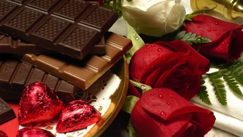 Розы, капли, шоколад, плитка, конфеты