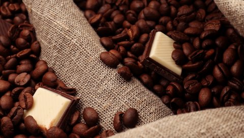 Кофе, зерно, жареный, шоколад, плитка, белый, сумка