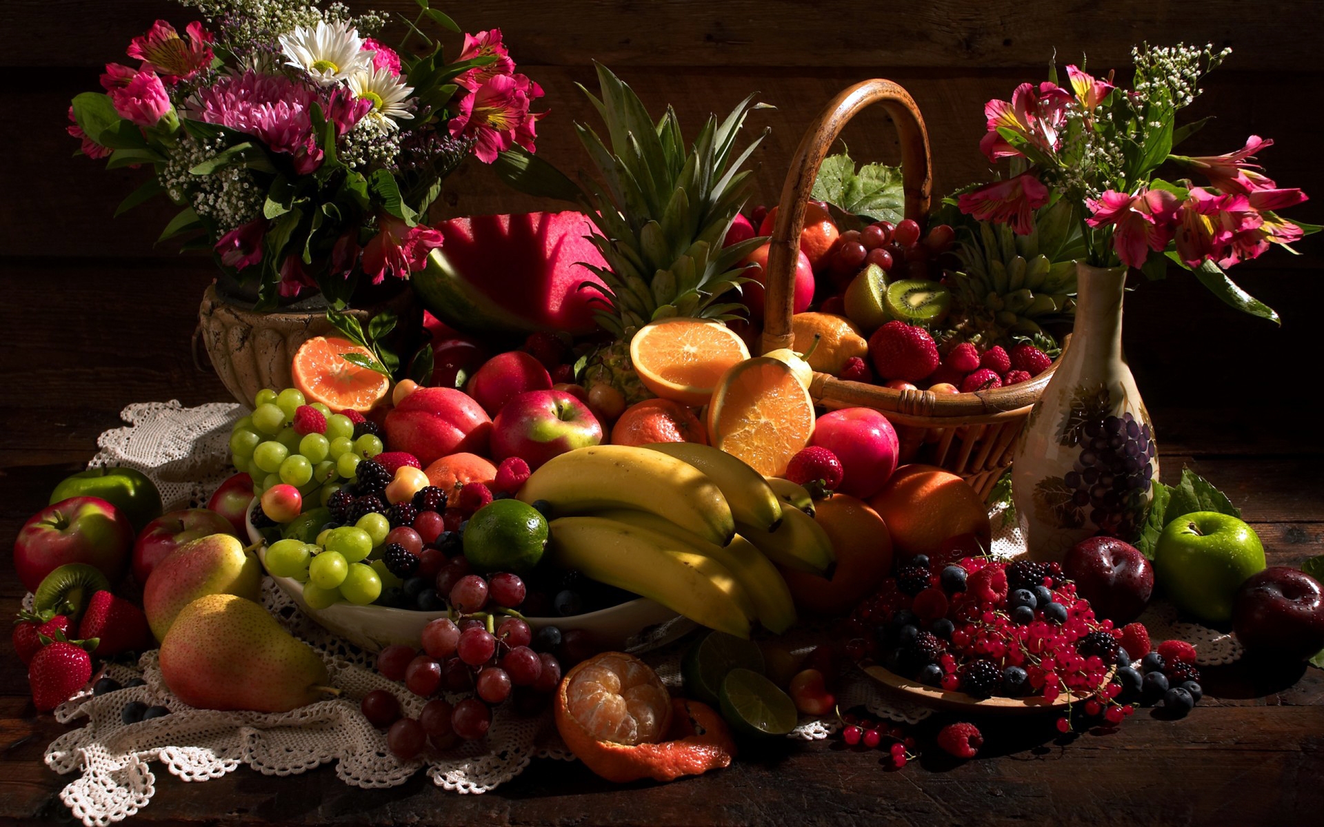 Картинки Натюрморт, стол, фрукты, цветы фото и обои на рабочий стол