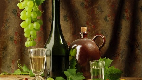 Вино, виноград, бутылка, листья