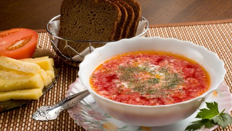 Борщ, сыр, помидоры, хлеб, тарелка, порция, укладка