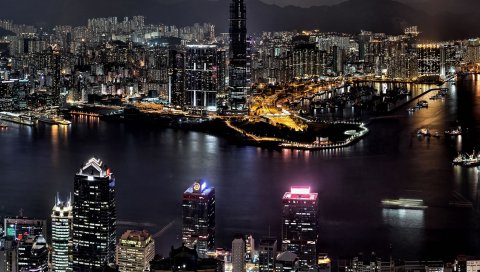 Hong kong, высотные здания, река, банк