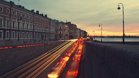 Здание, ночь, река, мост, город, улица