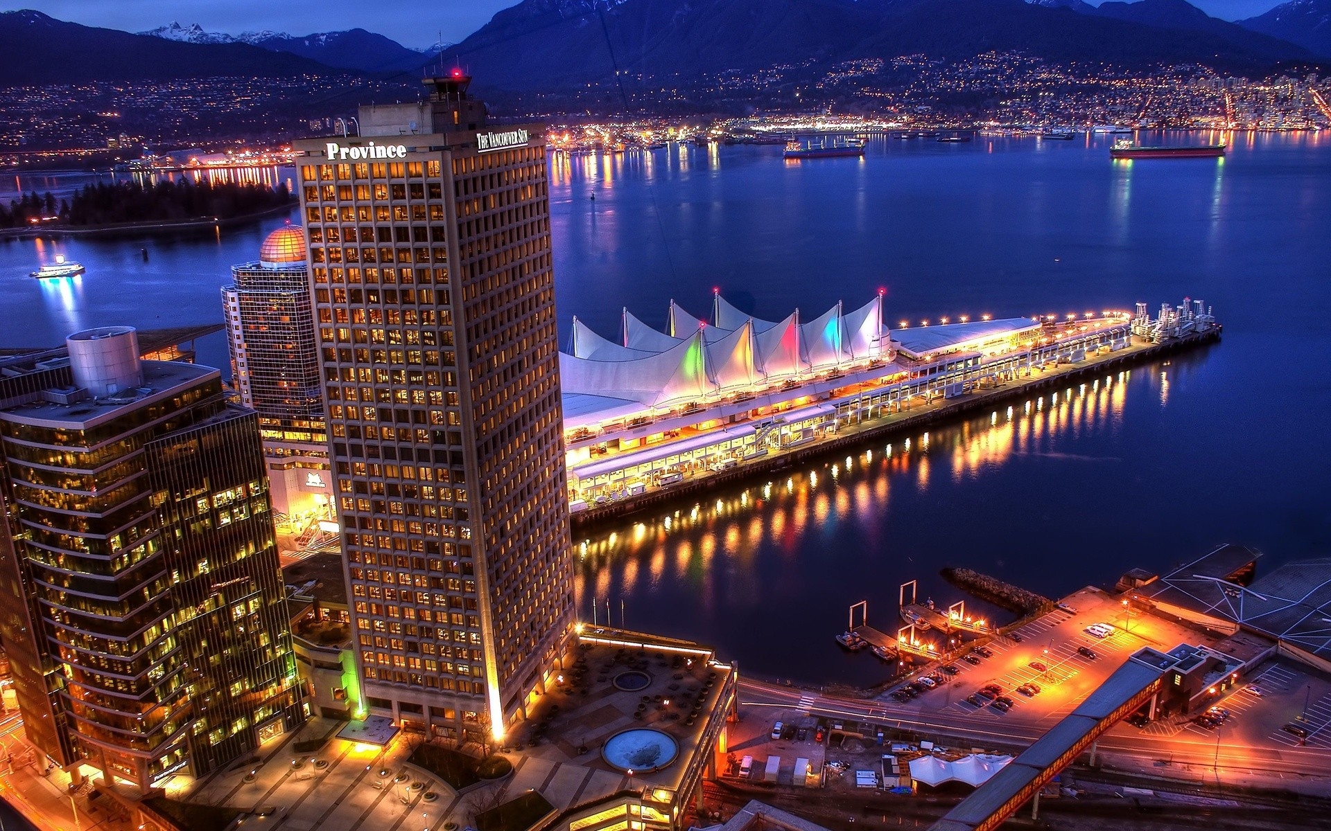 Картинки Ванкувер, ночь, река, здание, городские огни, hdr фото и обои на рабочий стол
