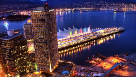 Ванкувер, ночь, река, здание, городские огни, hdr