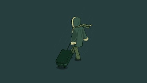 Человек, куртка, чемодан, путешествия, зима