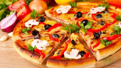 Пицца, сыр, кусочки, помидоры, паприка, грибы, петрушка