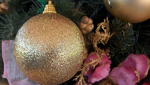 Рождественская елка, рождественские украшения, воздушный шар, блеск, золото, макро
