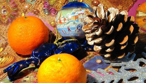 Мандарины, таверна, еда, рождественские игрушки, мяч, празднование, новый год, рождество