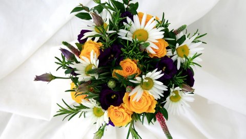 Розы, ромашки, lisianthus russell, букет, красиво