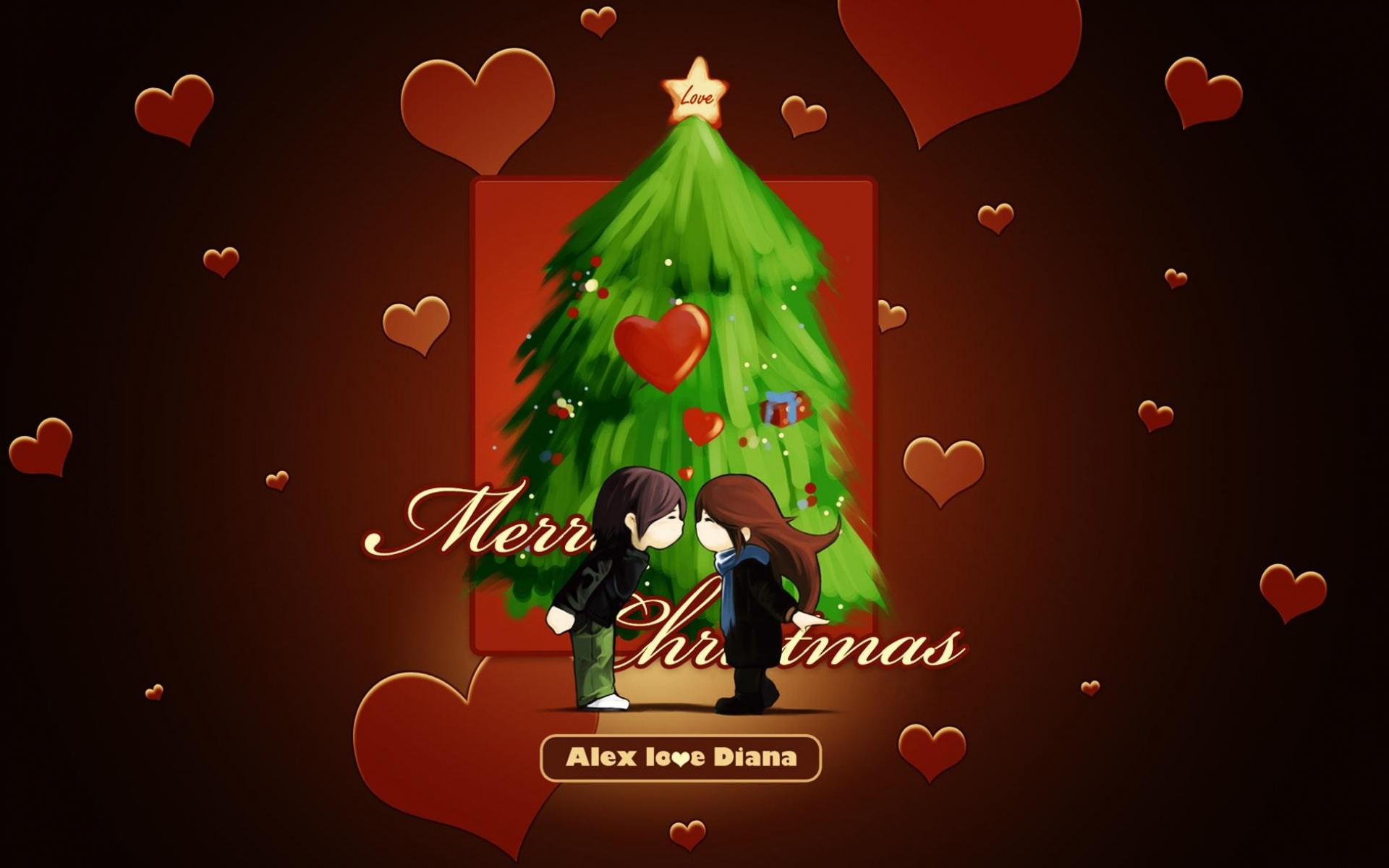 Картинки Рождественская елка, рождественские пожелания, пара, сердце, поцелуй, настроение, любовь фото и обои на рабочий стол