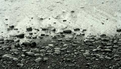 Камни, берега, вода, волна, черно-белая, мрачная