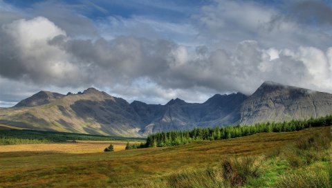 Горы, вершины, облака, деревья, поляна