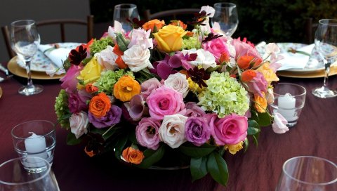 Lisianthus russell, розы, гортензия, цветы, букеты, композиции, стол, посуда, свечи