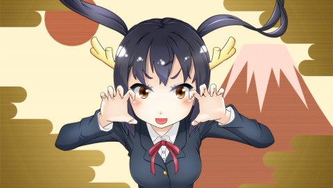Ineji keiichirou, k-on, nakano azusa, девушка, брюнетка, рога
