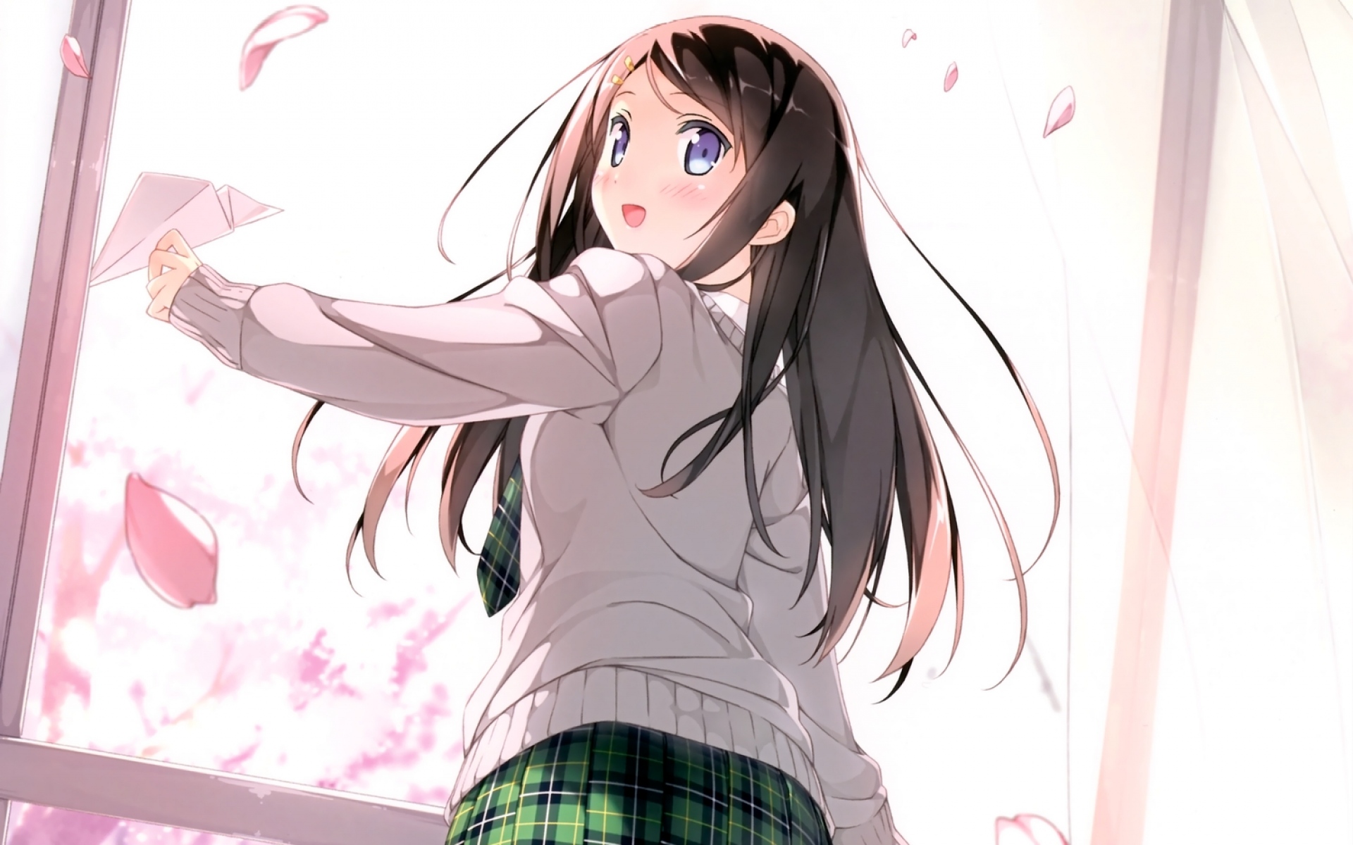Картинки 5 nenme no houkago, kantoku, девушка, брюнетка, окно, лепестки фото и обои на рабочий стол