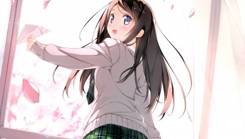 5 nenme no houkago, kantoku, девушка, брюнетка, окно, лепестки
