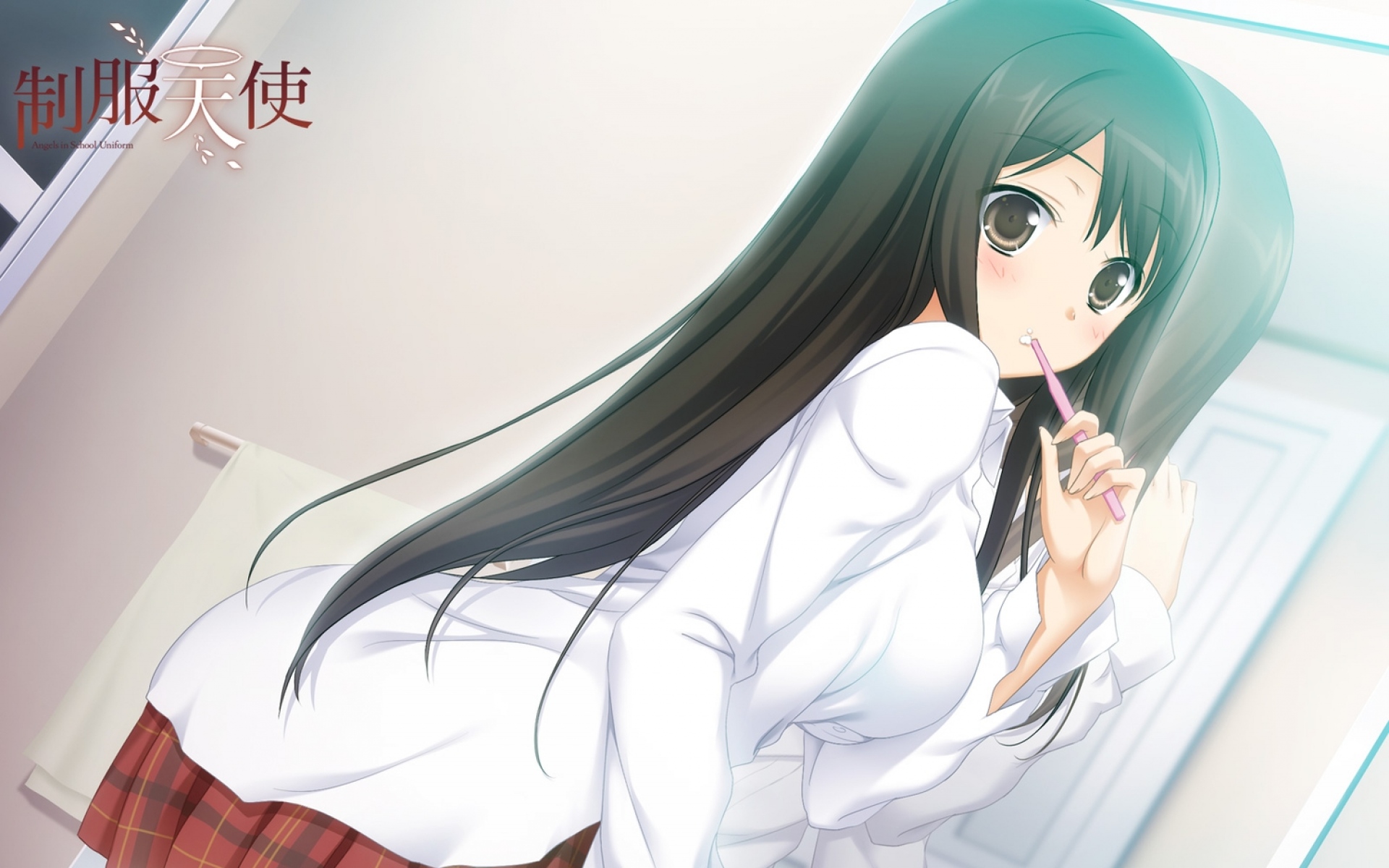 Картинки Kisaragimyau, nanami shion, seifuk, девушка, брюнетка, юбка, зубная щетка фото и обои на рабочий стол