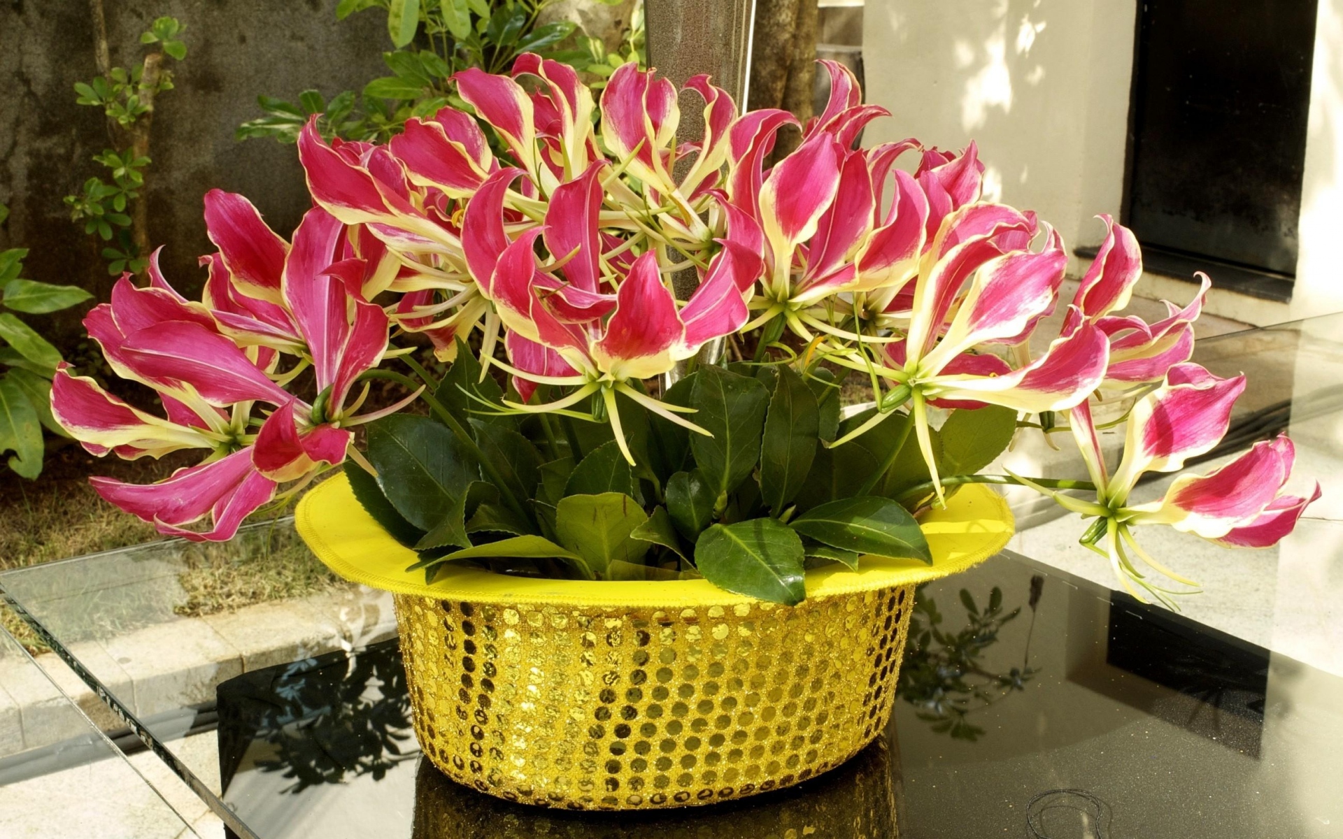 Картинки Gloriosa, шляпа, цветы, блестки, стол фото и обои на рабочий стол