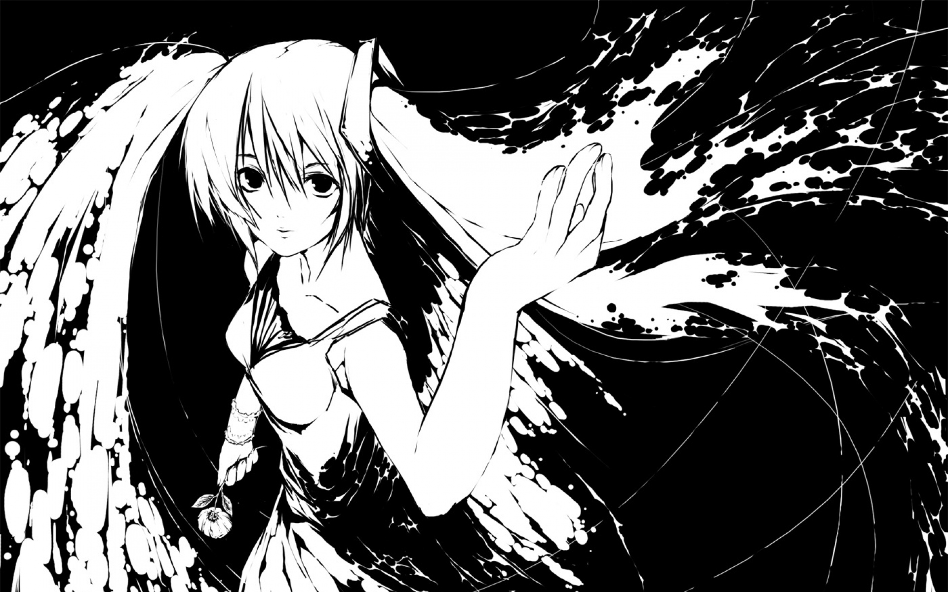 Картинки Hatsune miku, черный белый, девушка, платье, цветок фото и обои на рабочий стол
