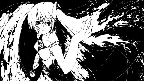 Hatsune miku, черный белый, девушка, платье, цветок