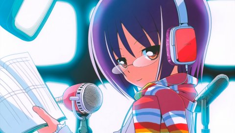 Hata kenjirou, девушка, очки, микрофон, челки