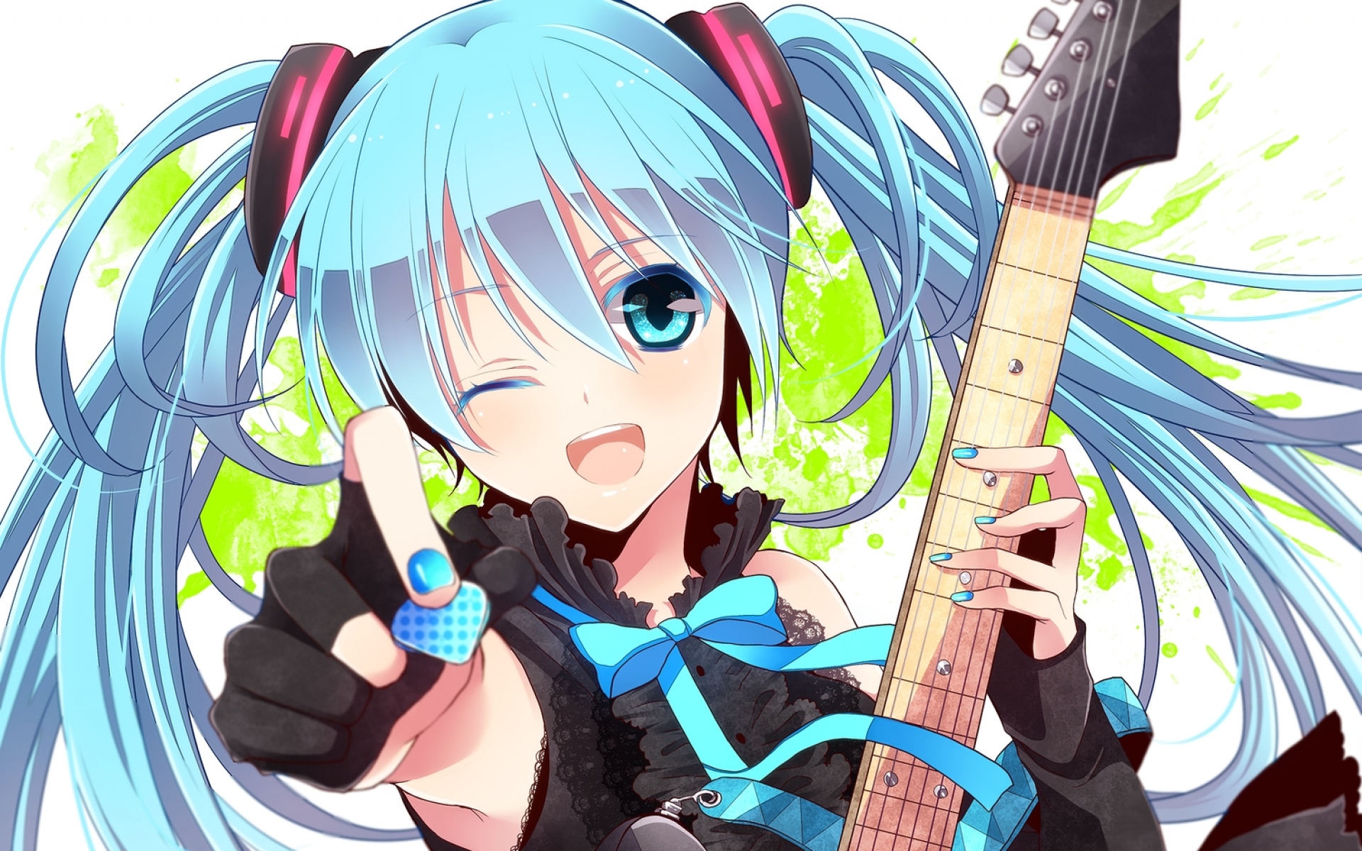 Картинки Hatsune miku, девушка, подмигивание, гитара, челки, синие волосы фото и обои на рабочий стол