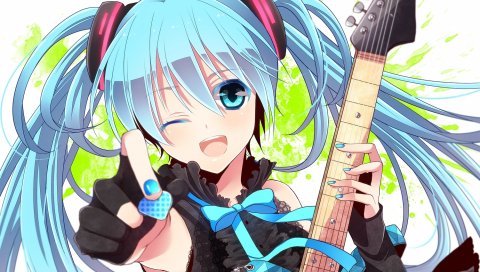 Hatsune miku, девушка, подмигивание, гитара, челки, синие волосы