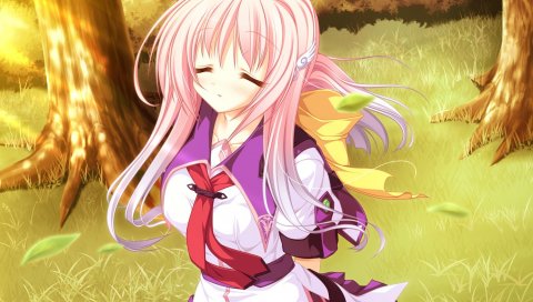 77, игра cg, mikagami mamizu, девушка, розовые волосы, глаза закрыты, лес