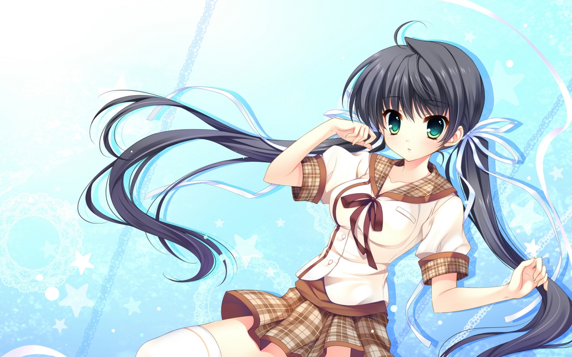 Картинки Mitha, seifuku, tagme, thighhighs, tsukumonot suki, девушка, брюнетка, юбка, космос фото и обои на рабочий стол
