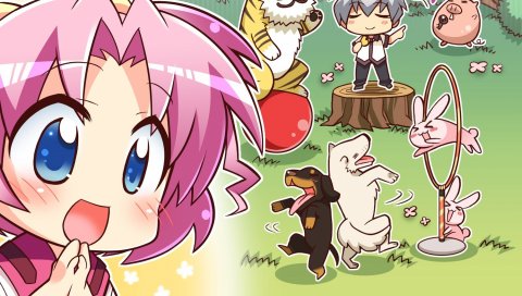 Chibi, game cg, kazamai, sakura, девушка, розовые волосы, голубые глаза, животные