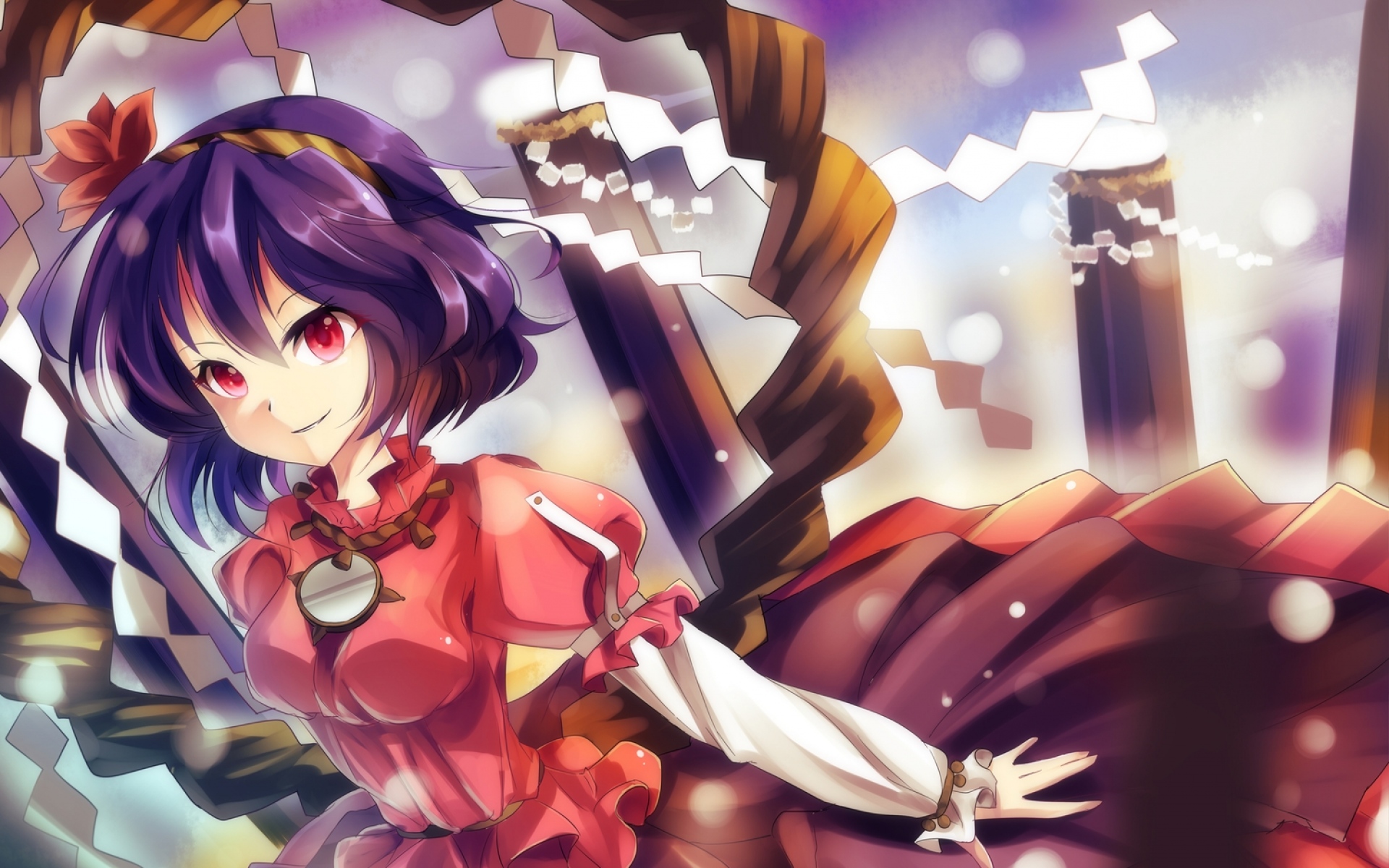 Картинки Bisonbison, touhou, yasaka kanako, девушка, улыбка, платье фото и обои на рабочий стол
